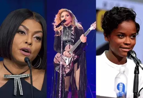 Taraji P. Henson at microphone next to Lady Gaga playing guitar and singing next to Letitia Wright also at microphone