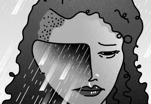 Black and white illustration of woman crying