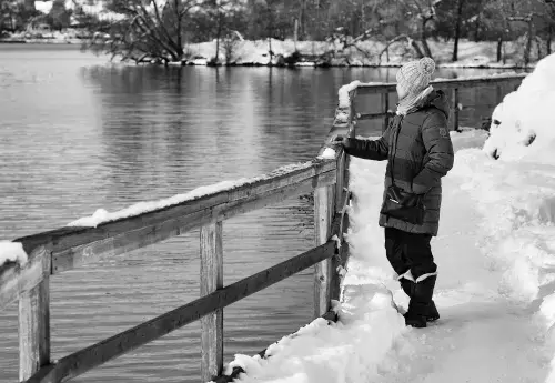 Person in a winter coat standing near a body of water with their hand on a fence.